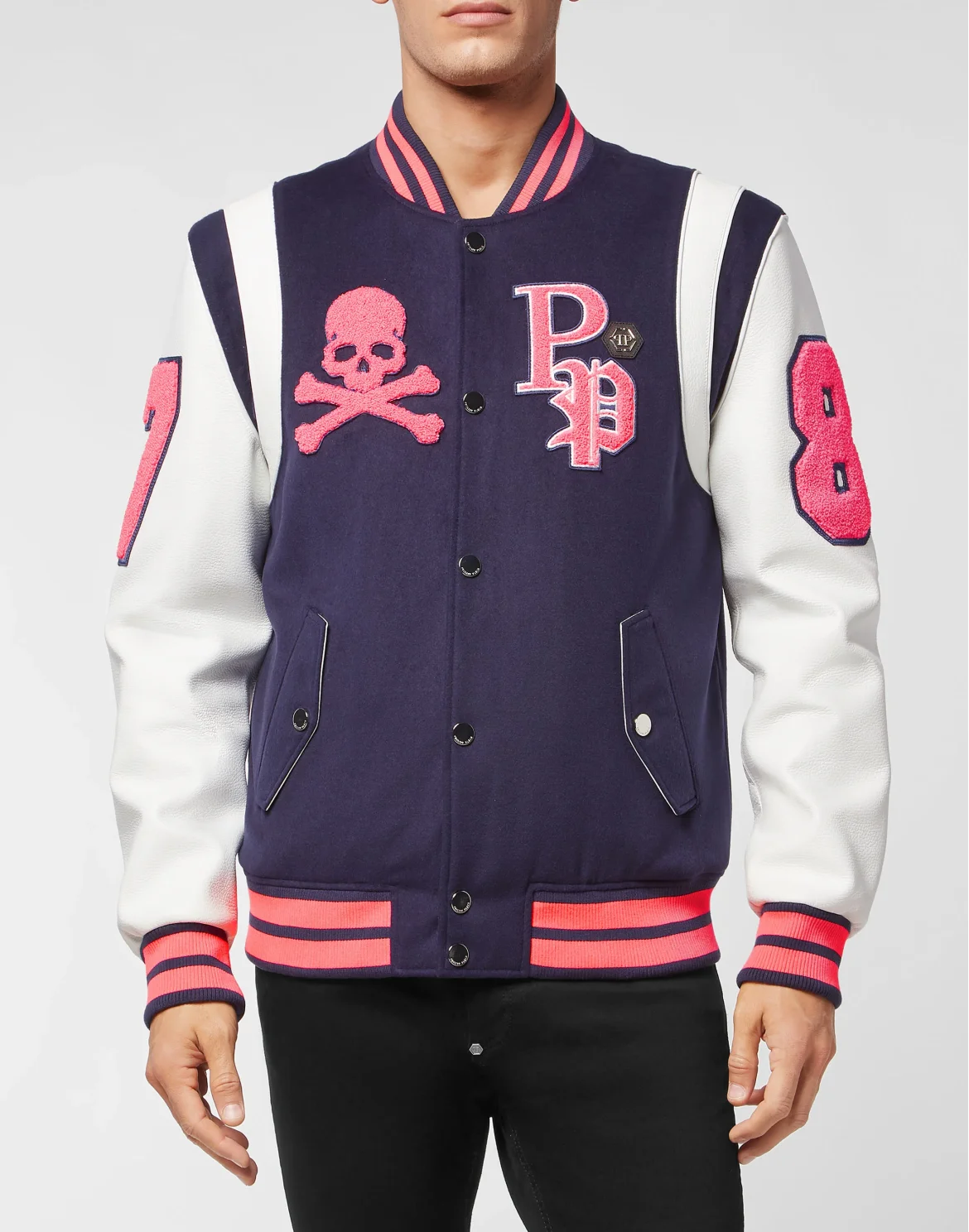 College Jacket Deer Leather Sleeves Patches, цвет: Синий
