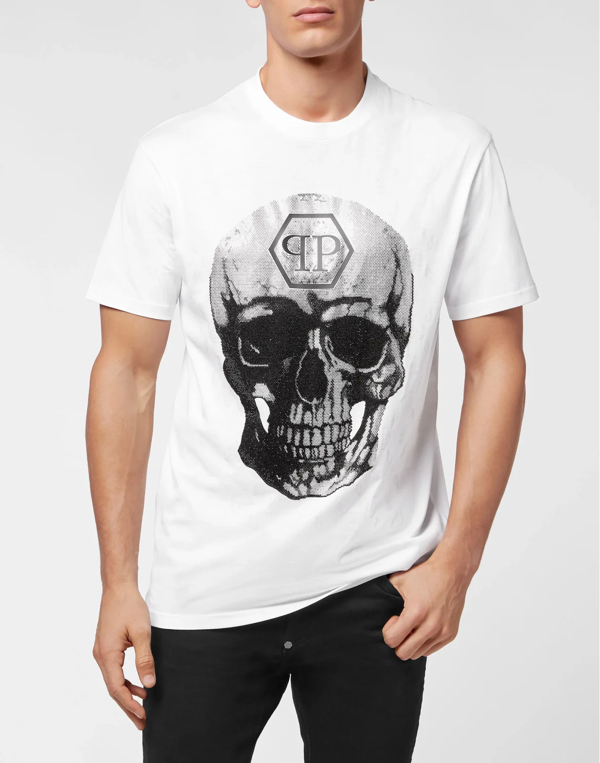 T-shirt Round Neck SS Skull and Plein with Crystals, цвет: Белый