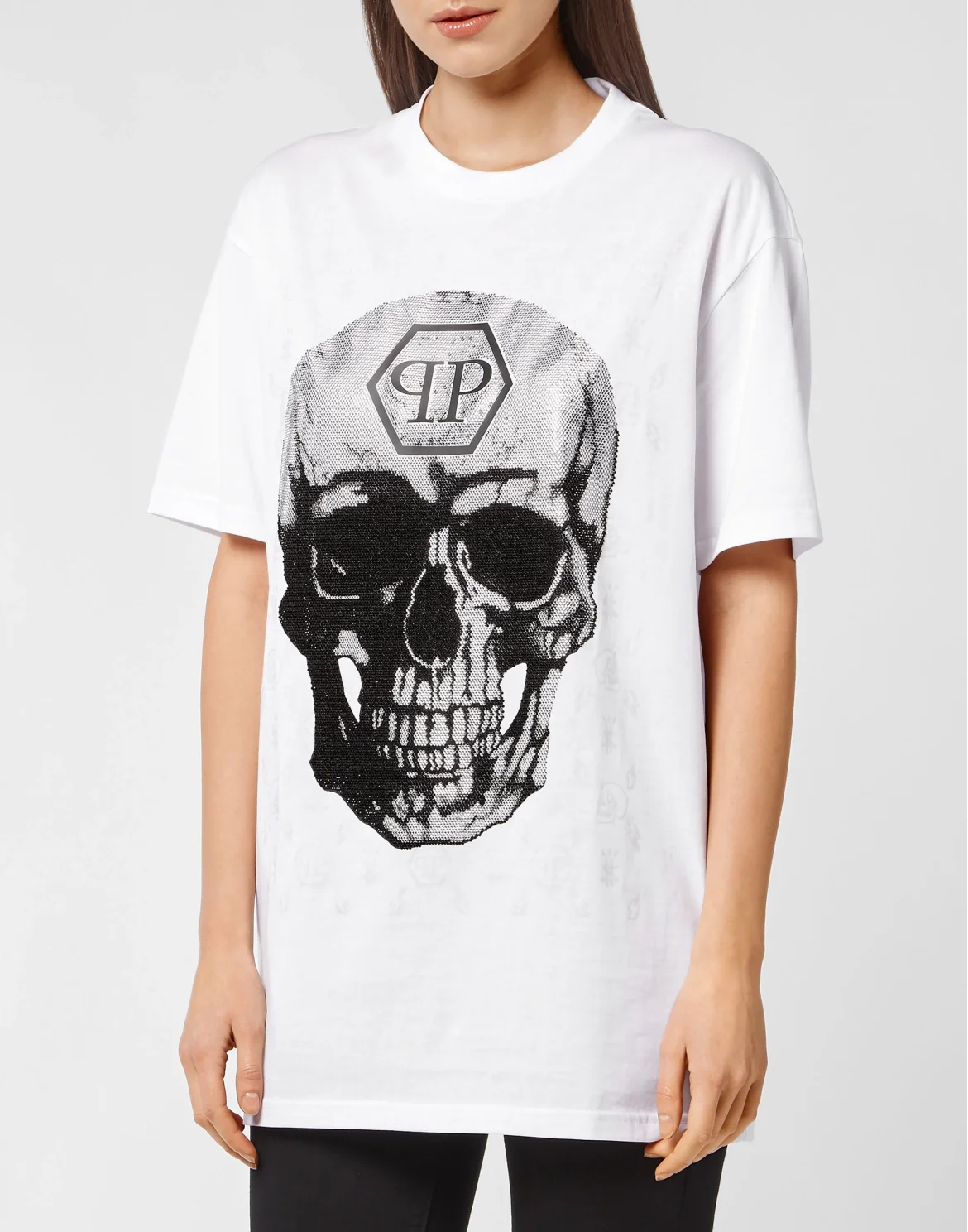 T-shirt Round Neck SS Skull and Plein with Crystals, цвет: Белый