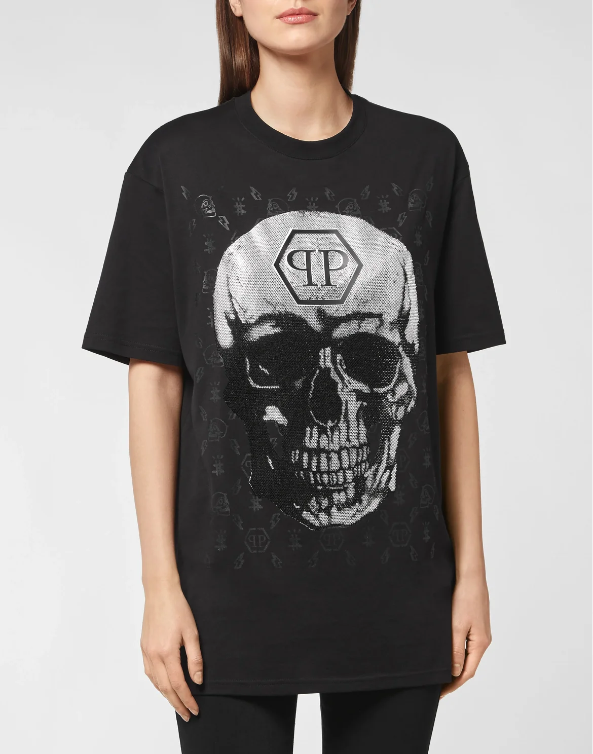 T-shirt Round Neck SS Skull and Plein with Crystals, цвет: Черный