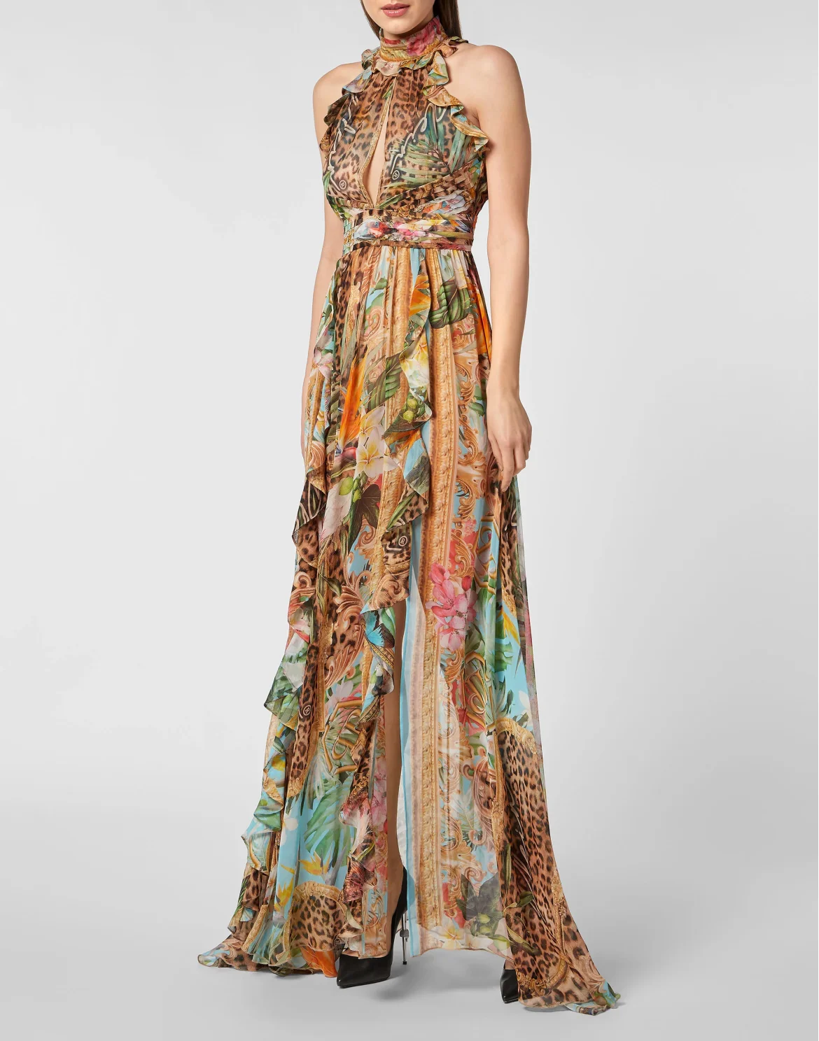 Georgette Long Dress Baroque Flowers, цвет: Мультиколор