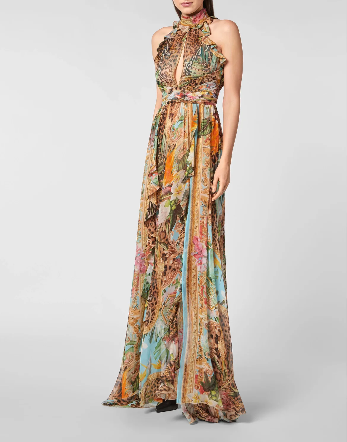 Georgette Long Dress Baroque Flowers, цвет: Мультиколор