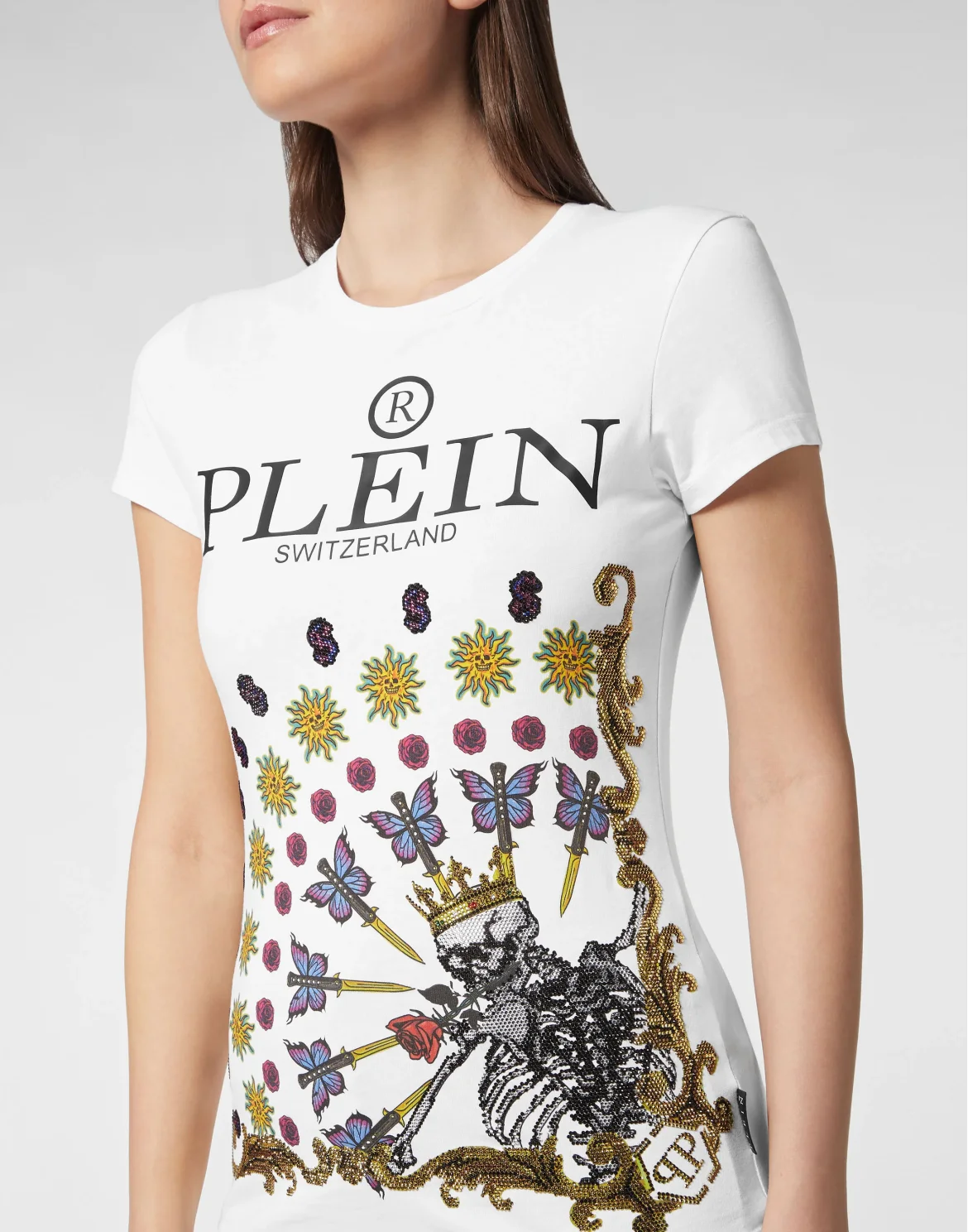 T-shirt Sexy Pure Skeleton tattoo with Crystals, цвет: Белый