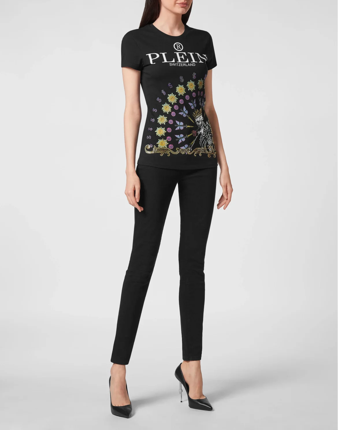 T-shirt Sexy Pure Skeleton tattoo with Crystals, цвет: Черный