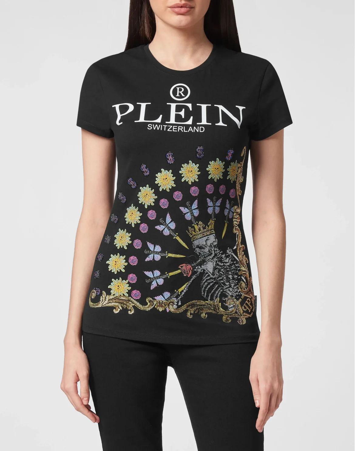 T-shirt Sexy Pure Skeleton tattoo with Crystals, цвет: Черный