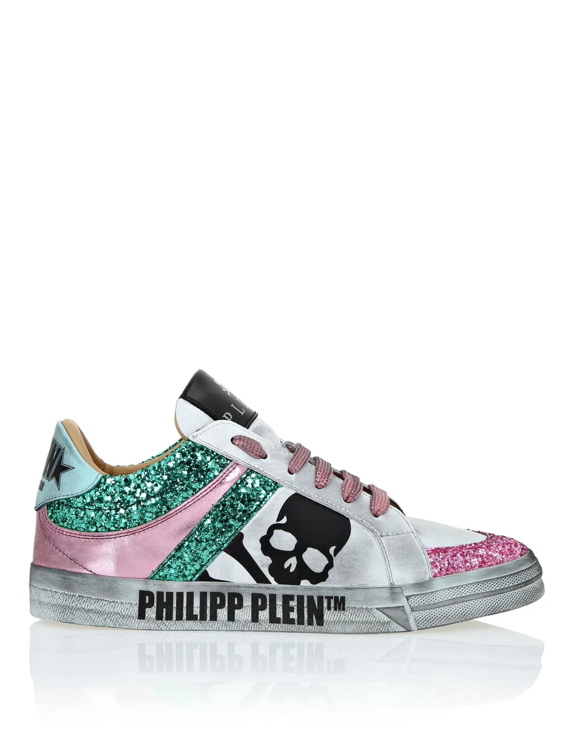 Leather Lo-Top Sneakers Skull with Crystals, цвет: Бирюзовый
