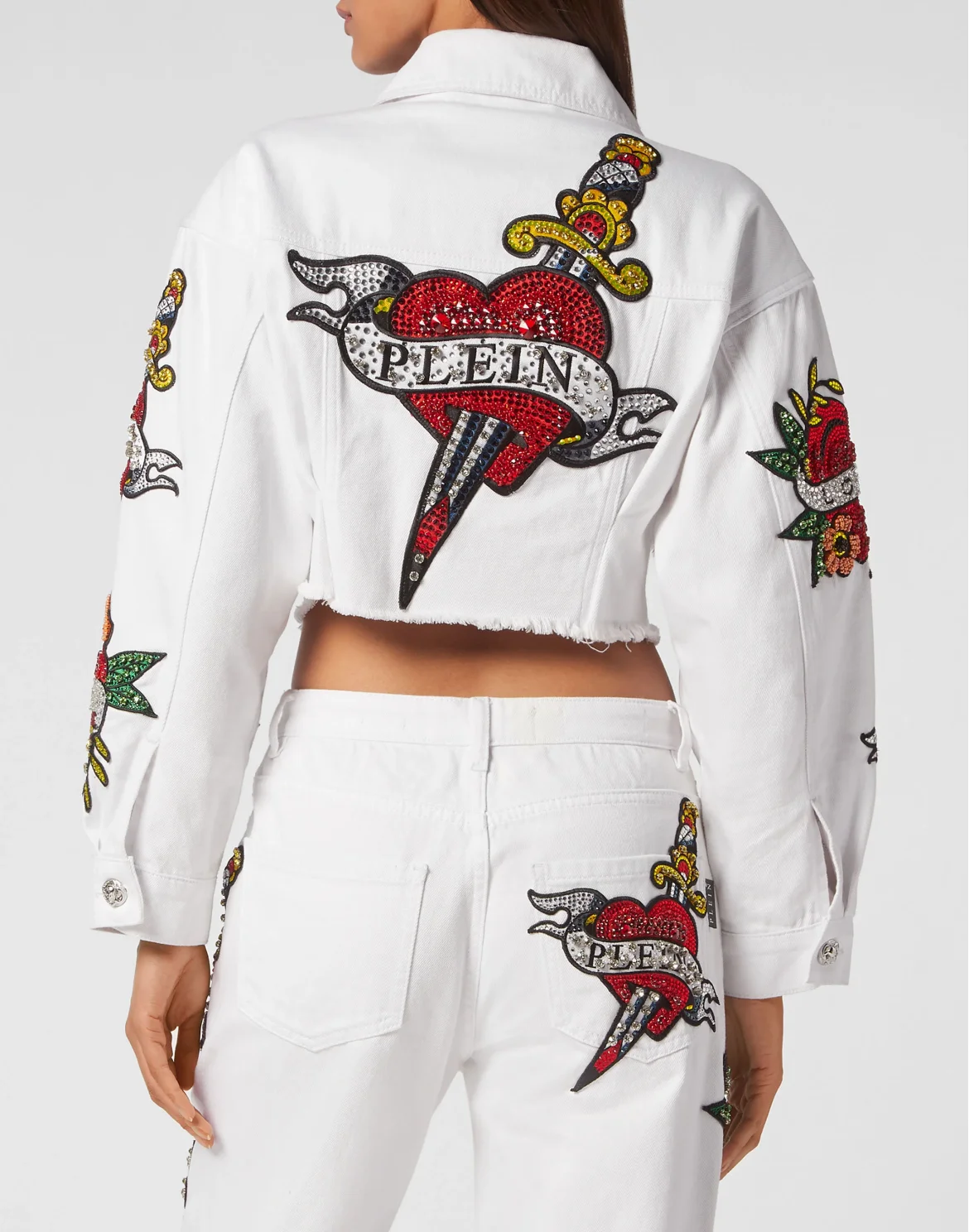 CROPPED DENIM JACKET LOVE CRYSTALS, цвет: Белый