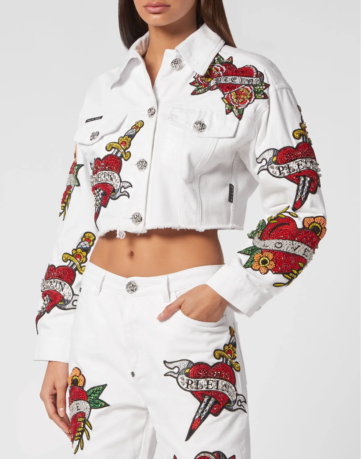 CROPPED DENIM JACKET LOVE CRYSTALS, цвет: Белый
