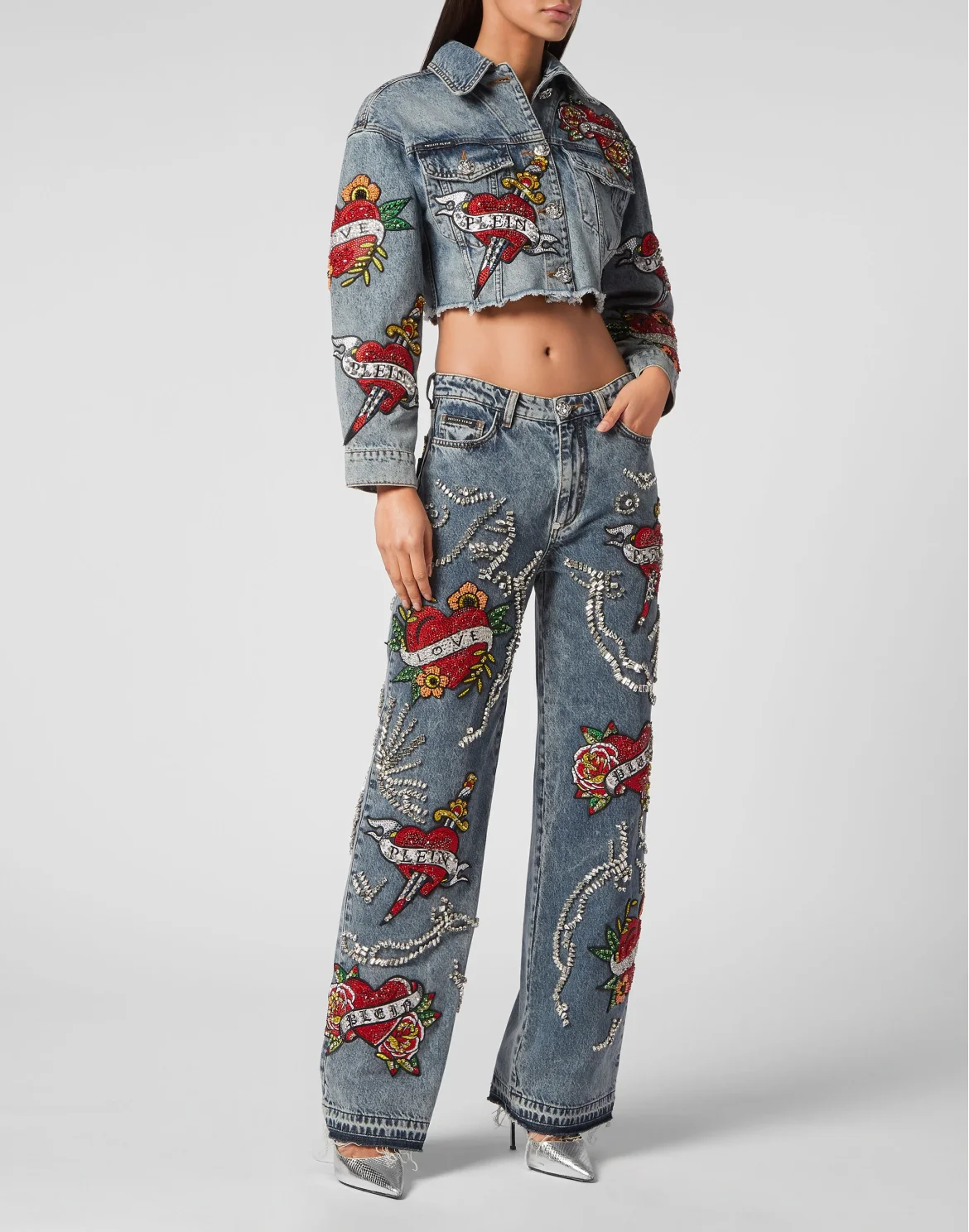 CROPPED DENIM JACKET LOVE CRYSTALS, цвет: Синий