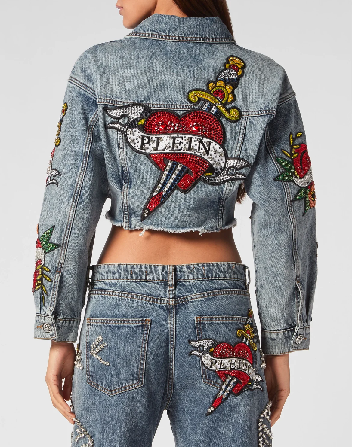 CROPPED DENIM JACKET LOVE CRYSTALS, цвет: Синий