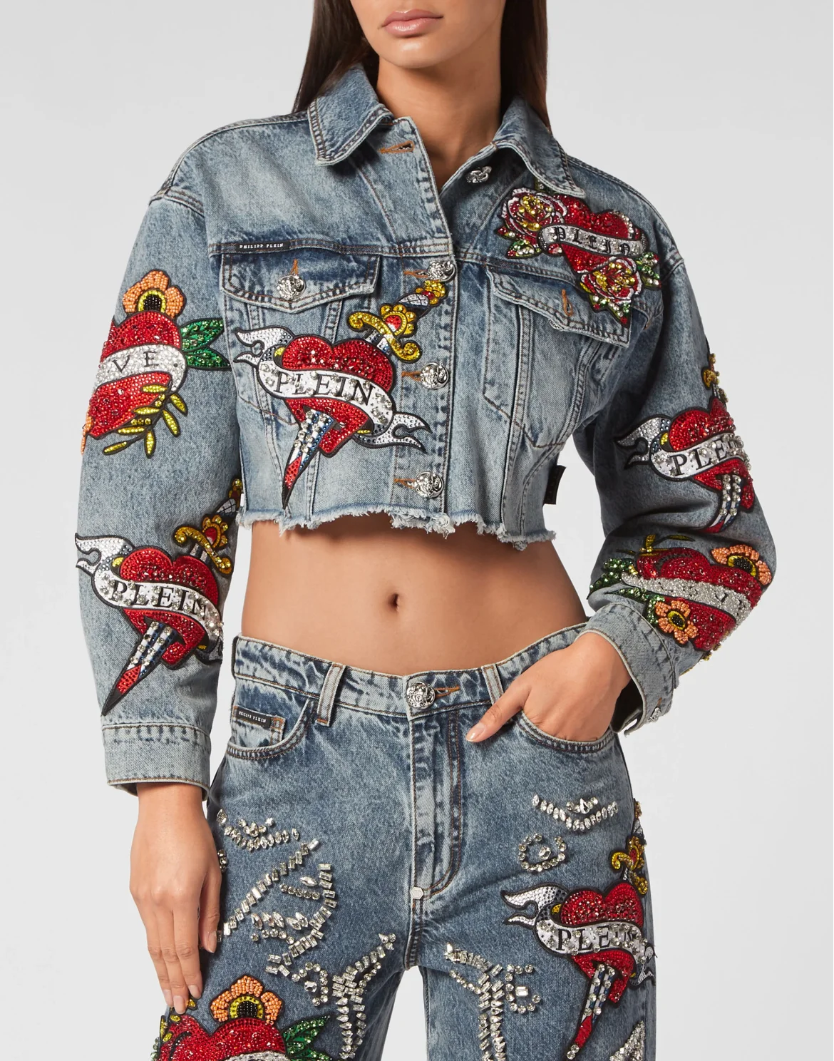 CROPPED DENIM JACKET LOVE CRYSTALS, цвет: Синий