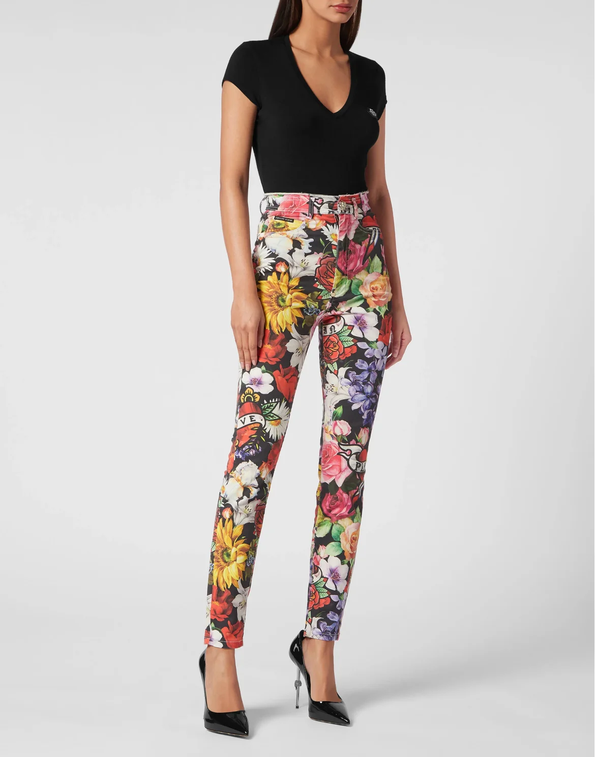 Denim Super High Waist Jeggings Love Flowers, цвет: Черный