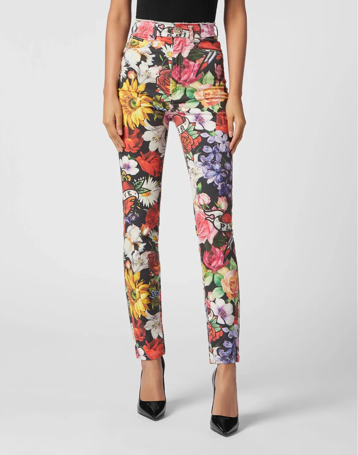 Denim Super High Waist Jeggings Love Flowers, цвет: Черный