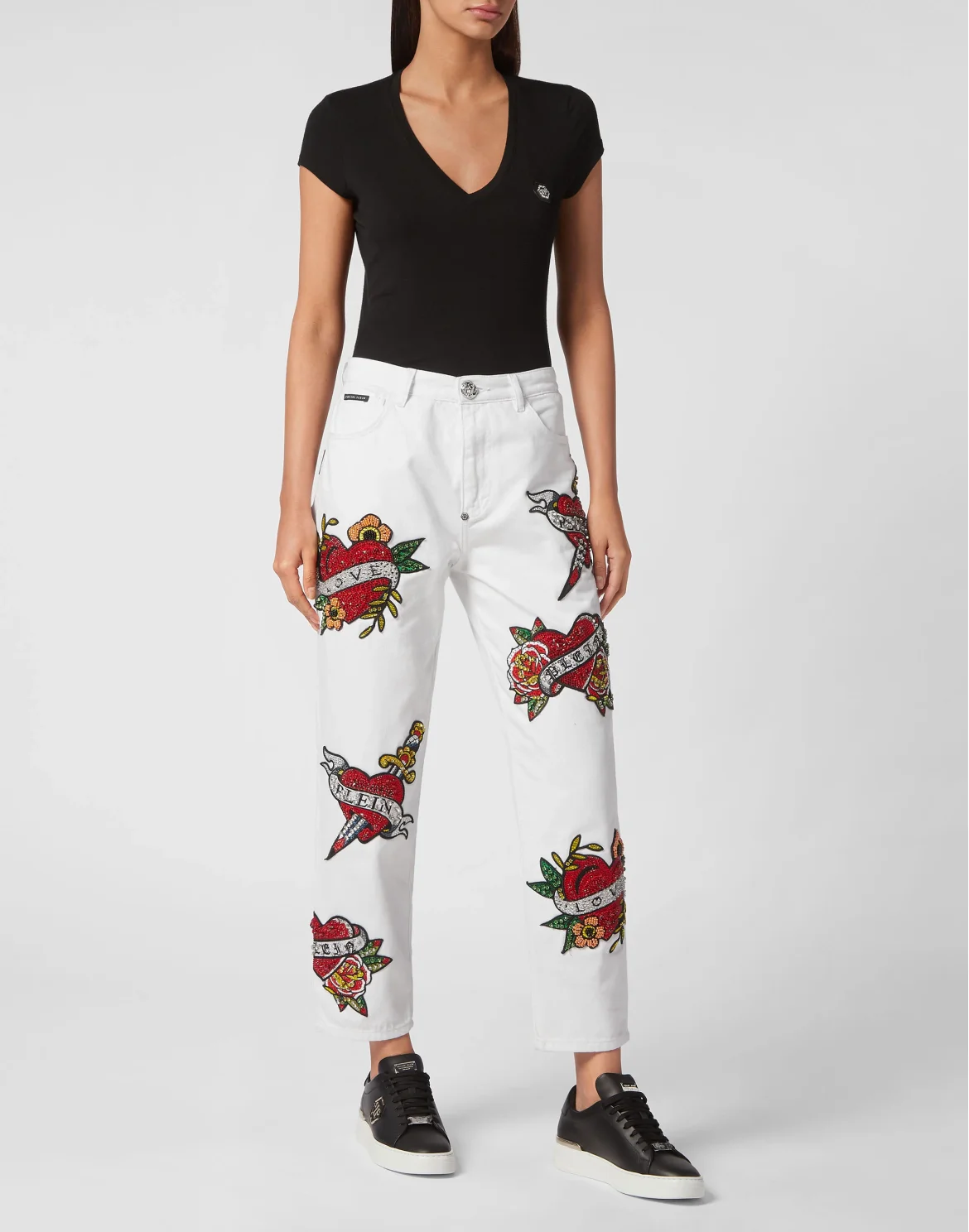 DENIM TROUSERS MOM FIT LOVE CRYSTALS, цвет: Белый