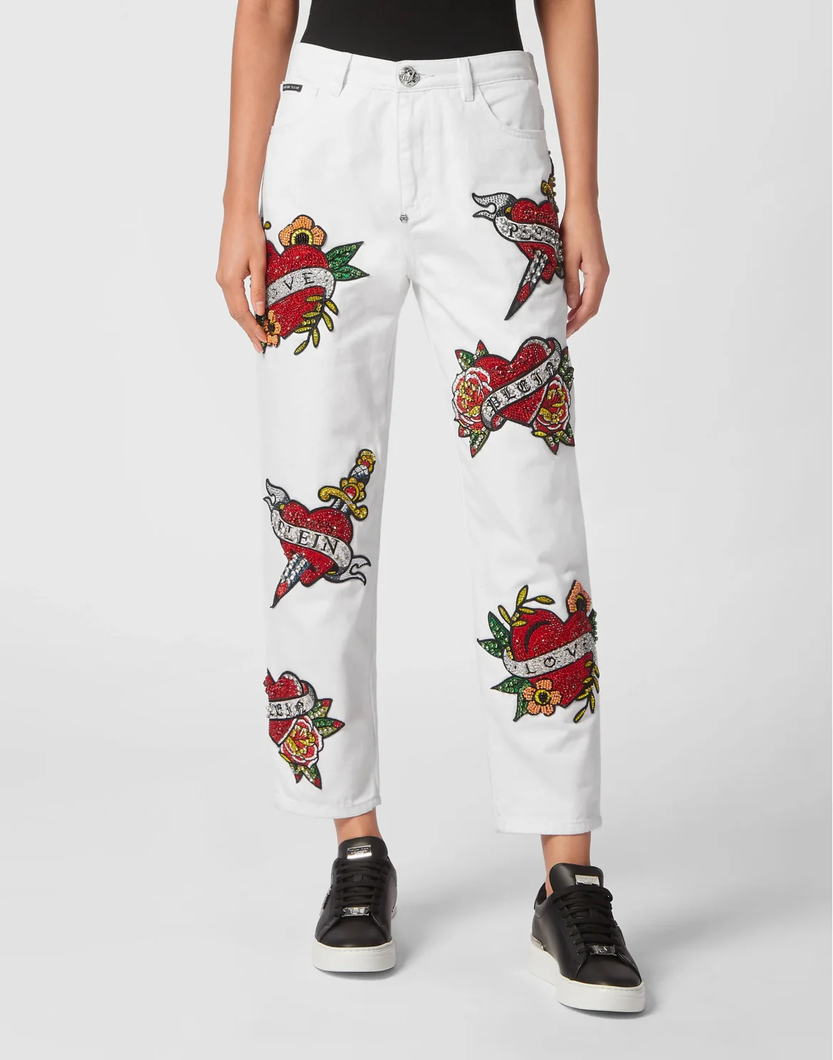 DENIM TROUSERS MOM FIT LOVE CRYSTALS, цвет: Белый