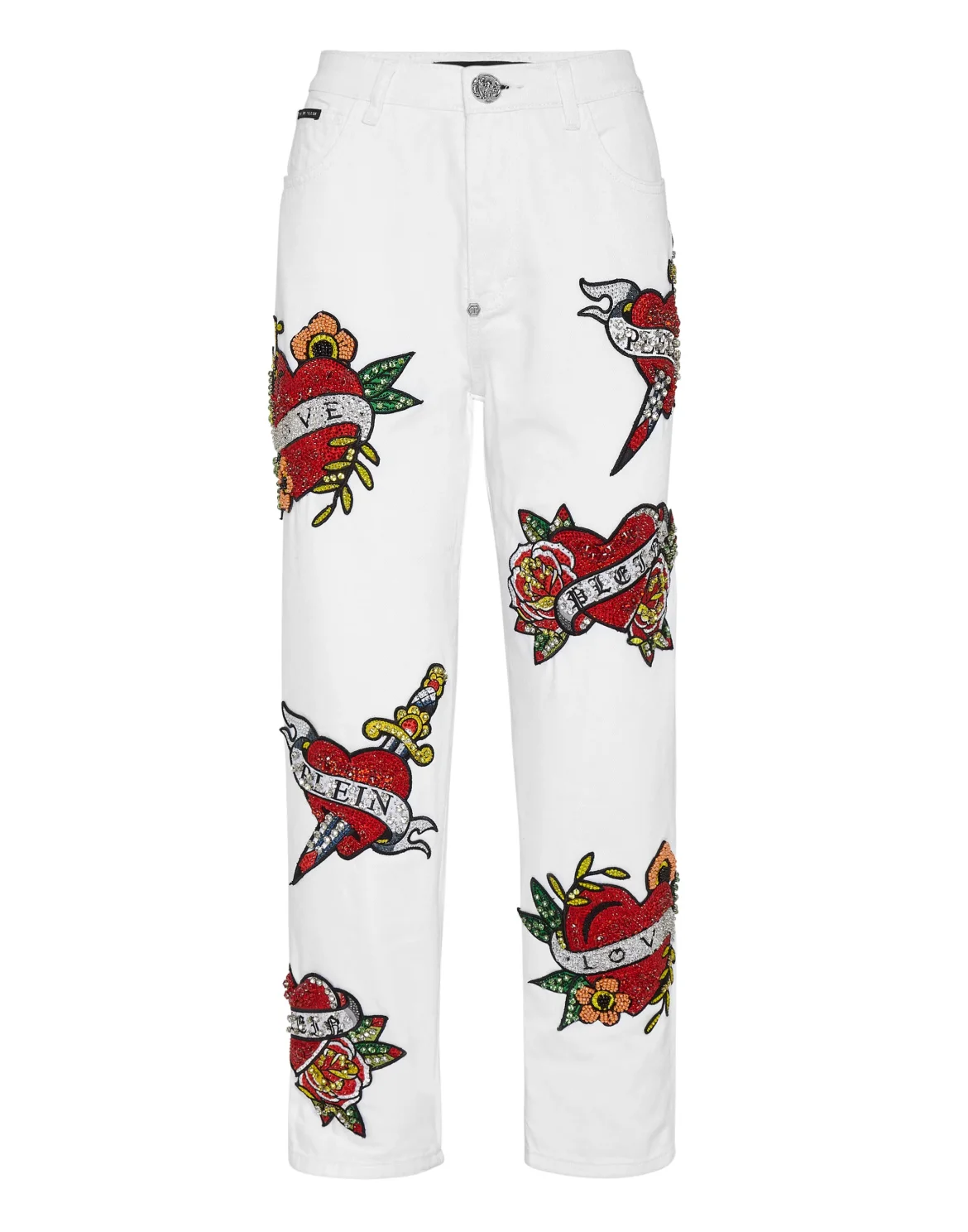 DENIM TROUSERS MOM FIT LOVE CRYSTALS, цвет: Белый