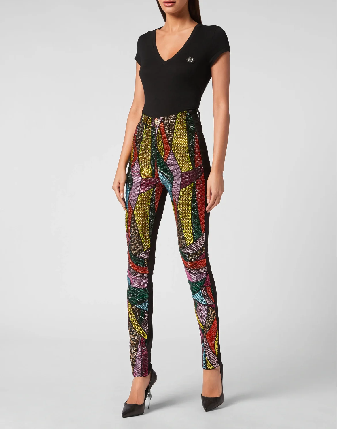 Super High Waist Denim Jeggings Rainbow Patchwork, цвет: Мультиколор