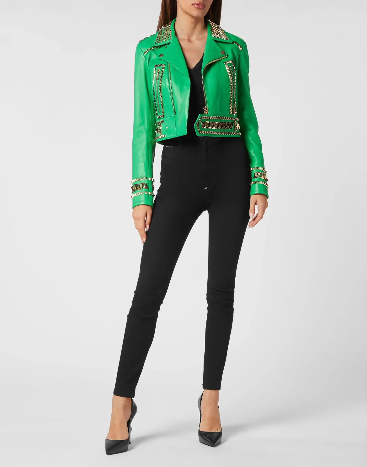 Cropped Leather Jacket Gothic Plein, цвет: Зеленый
