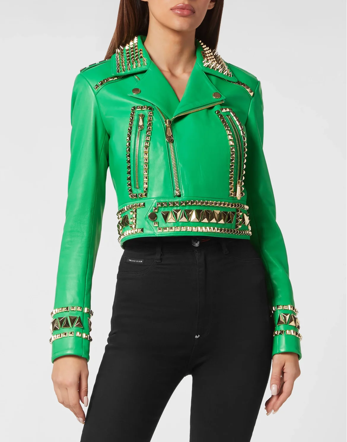 Cropped Leather Jacket Gothic Plein, цвет: Зеленый