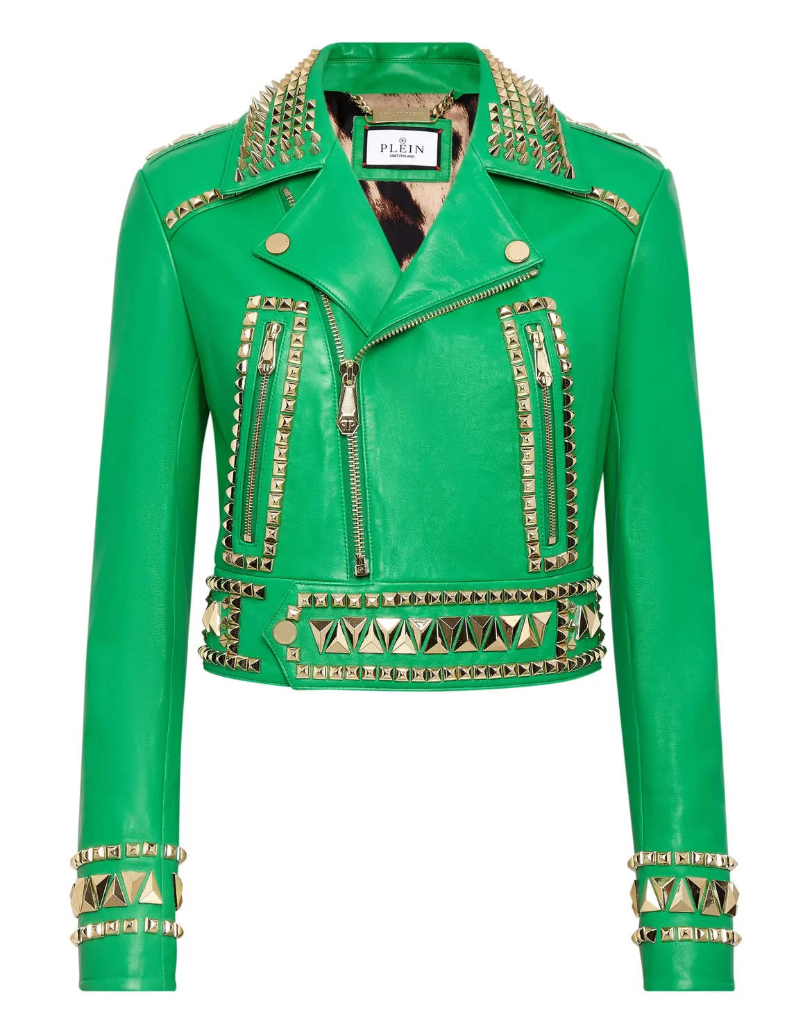 Cropped Leather Jacket Gothic Plein, цвет: Зеленый