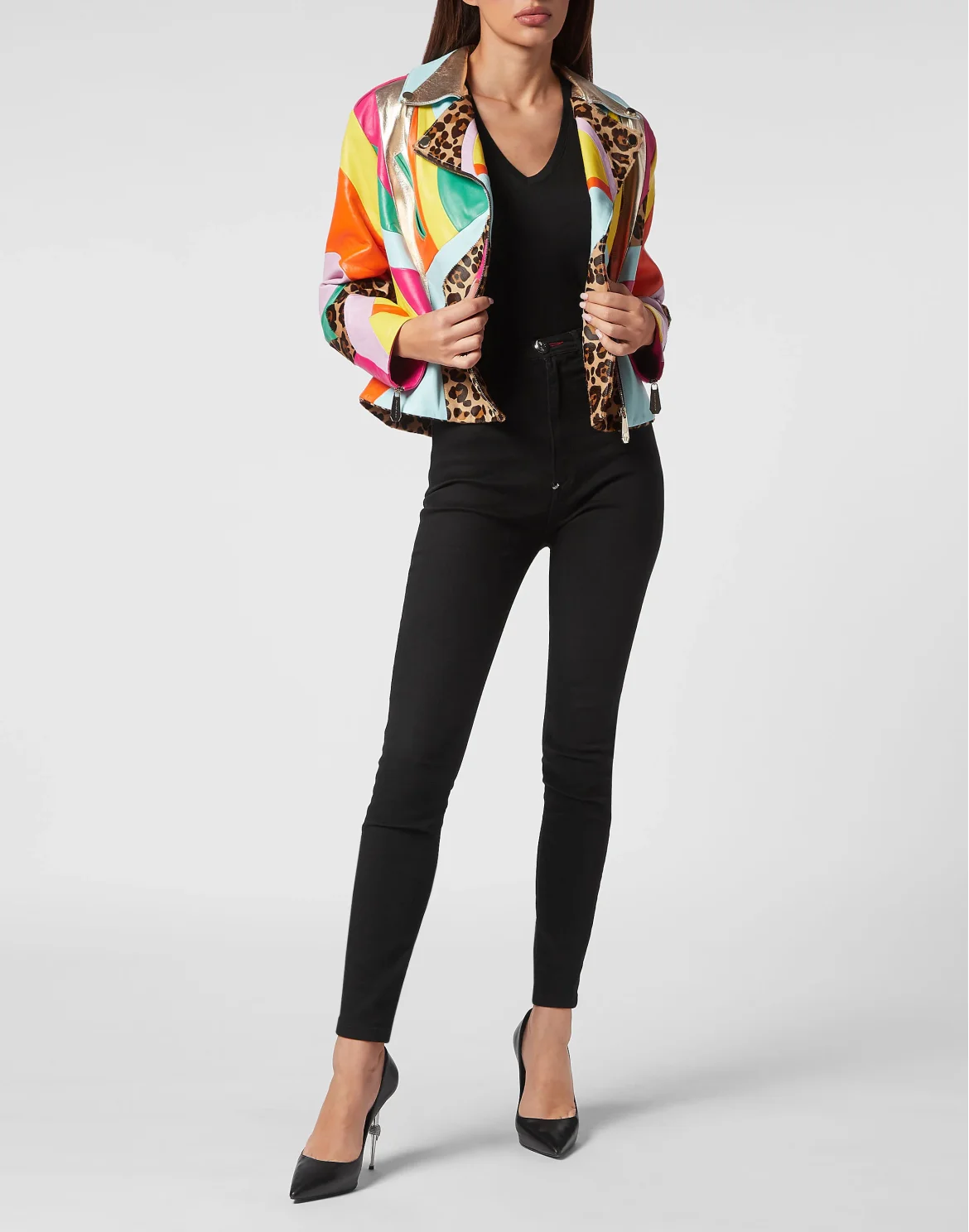 Oversize Biker Leather Jacket Rainbow Patchwork, цвет: Мультиколор