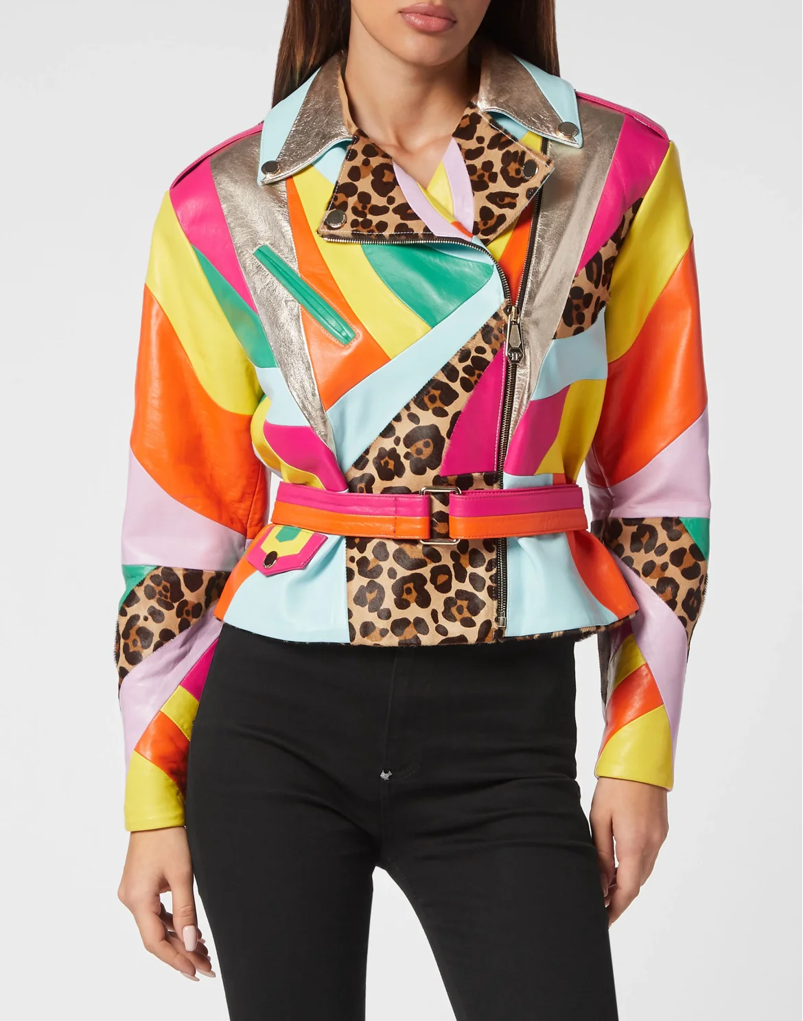Oversize Biker Leather Jacket Rainbow Patchwork, цвет: Мультиколор