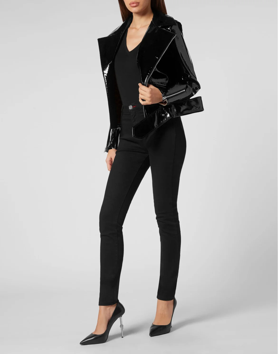 Oversize Glossy Eco Leather Jacket, цвет: Черный