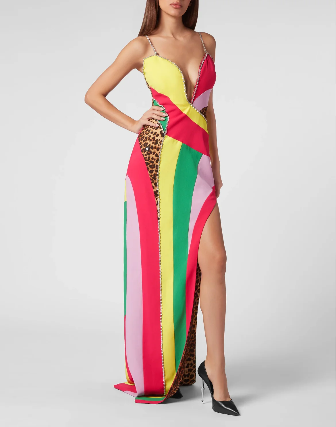 Satin Long Dress Rainbow Patchwork, цвет: Мультиколор