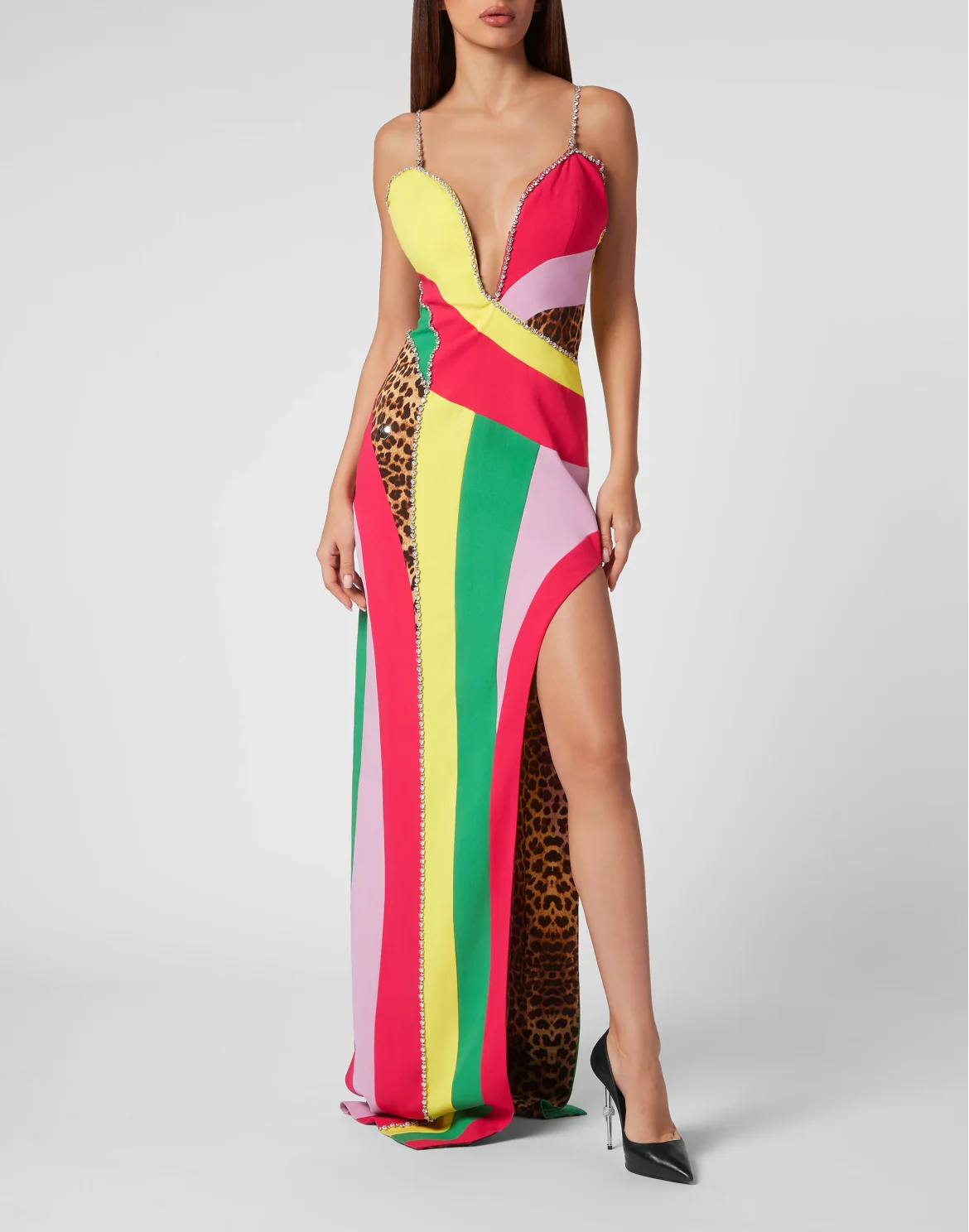 Satin Long Dress Rainbow Patchwork, цвет: Мультиколор