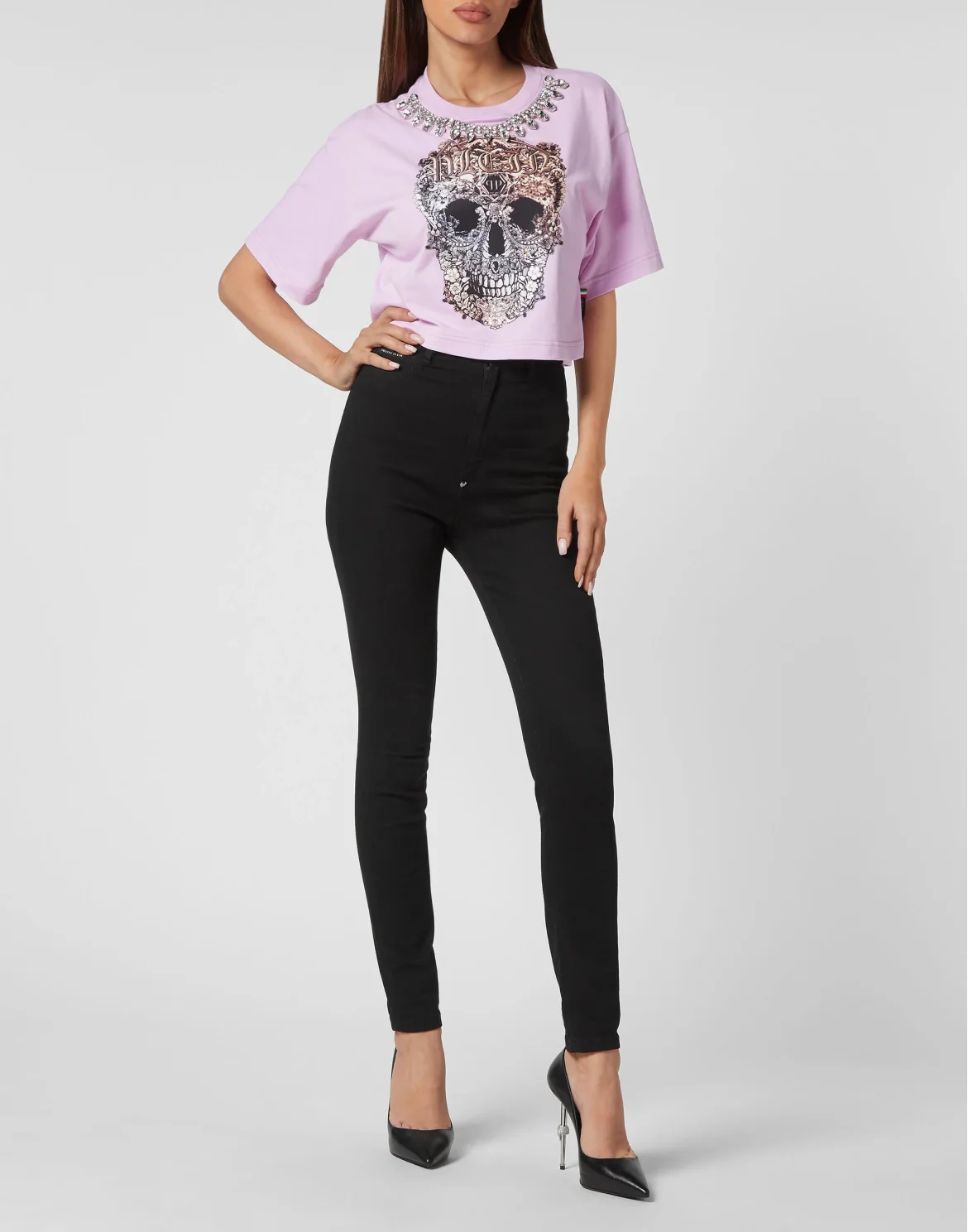 Cropped T-shirt Round Neck Baroque Skull, цвет: Розовый