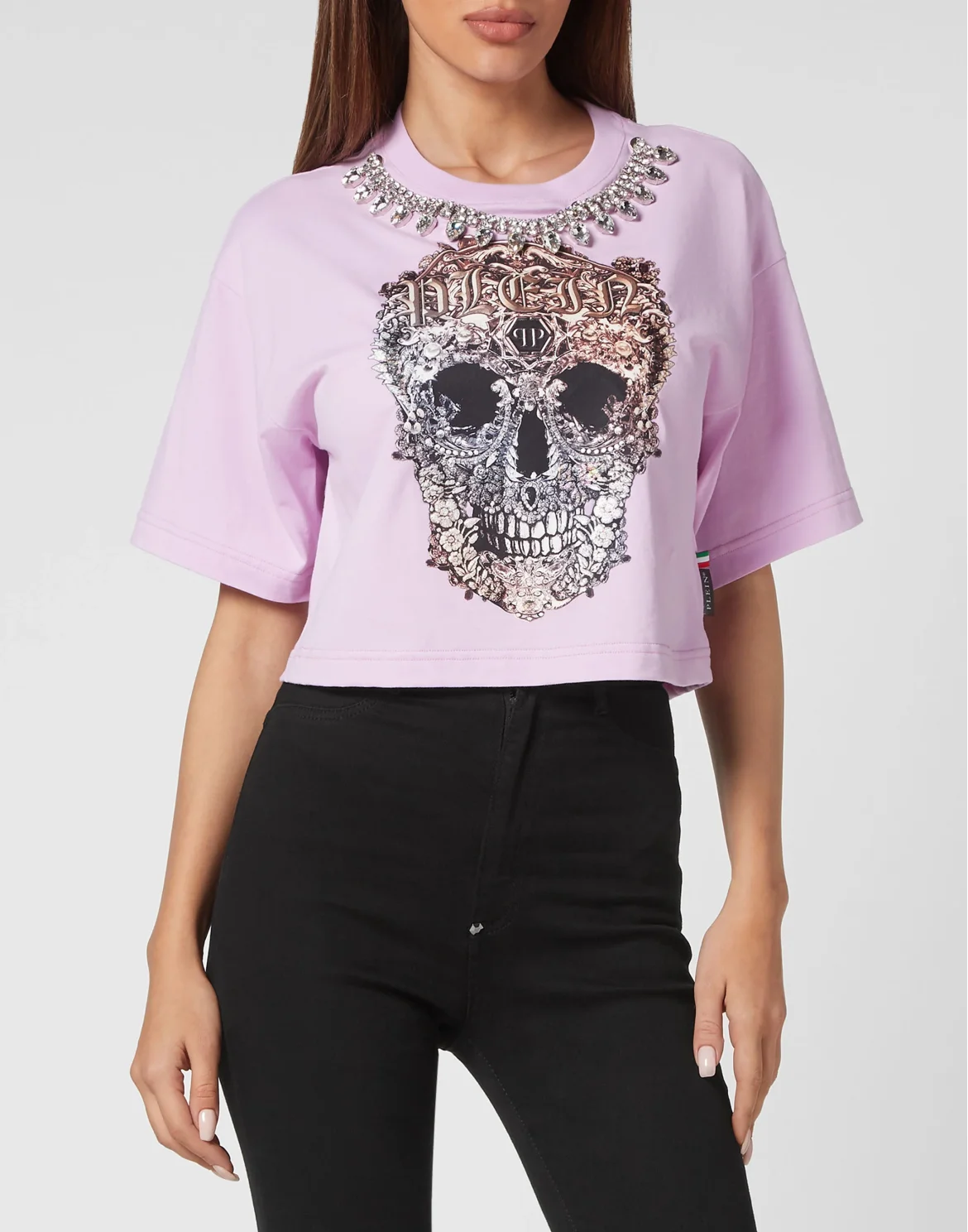 Cropped T-shirt Round Neck Baroque Skull, цвет: Розовый