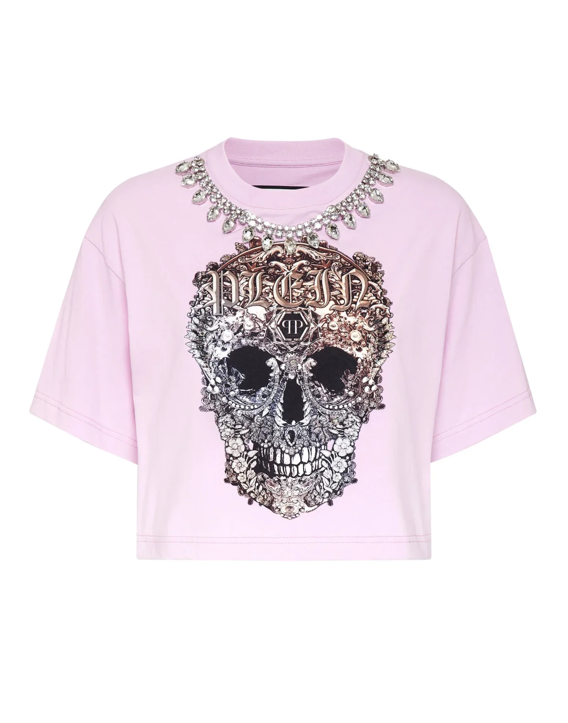 Cropped T-shirt Round Neck Baroque Skull, цвет: Розовый
