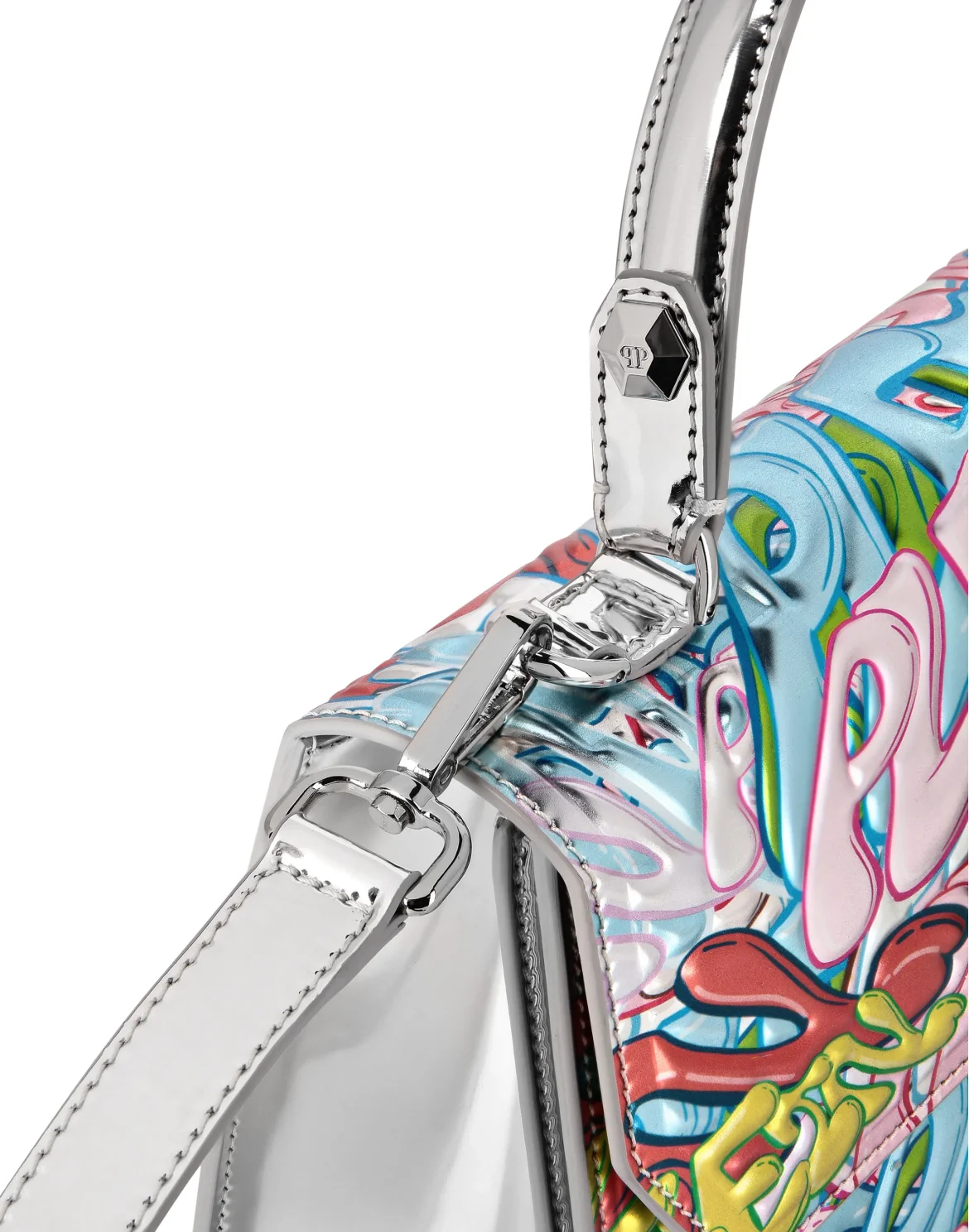 Superheroine Mirror Leather Handle Bag Bombing Graffiti, цвет: Серебристый