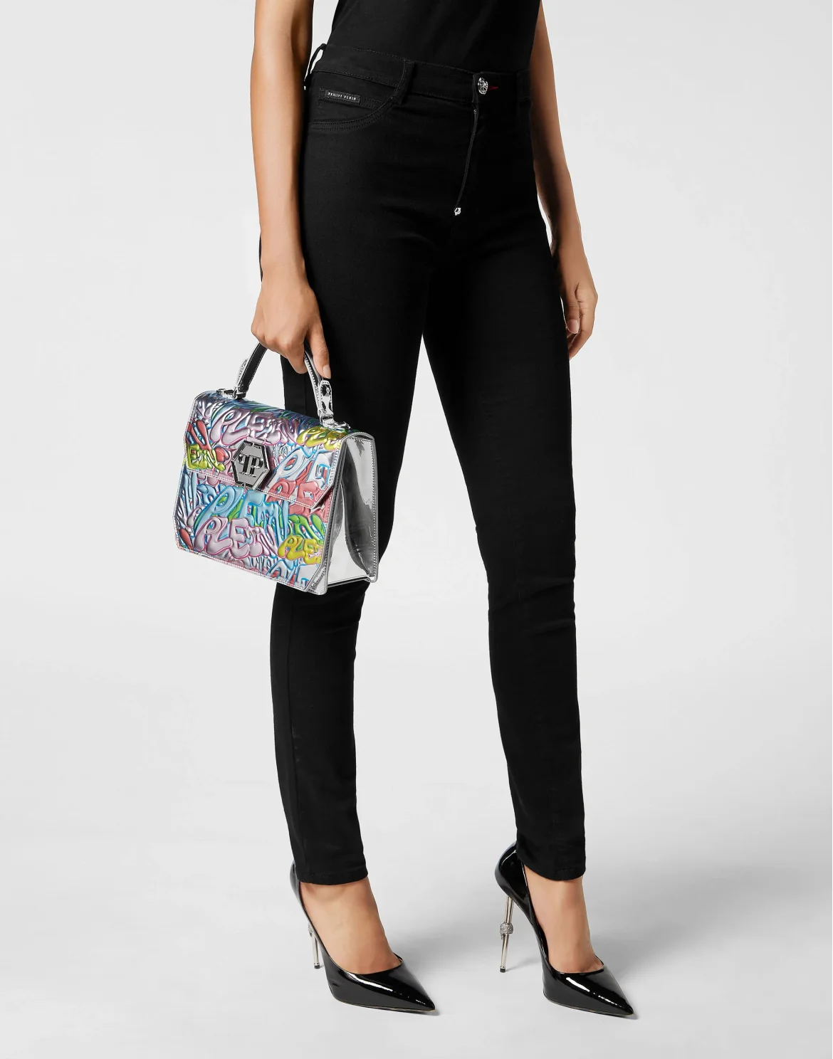 Superheroine Mirror Leather Handle Bag Bombing Graffiti, цвет: Серебристый