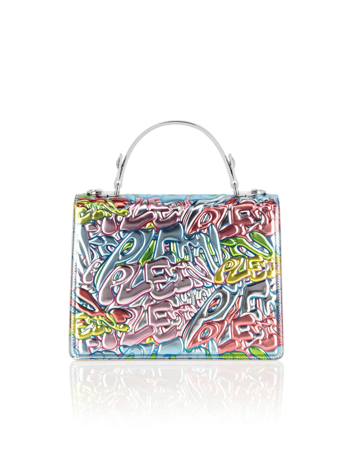 Superheroine Mirror Leather Handle Bag Bombing Graffiti, цвет: Серебристый