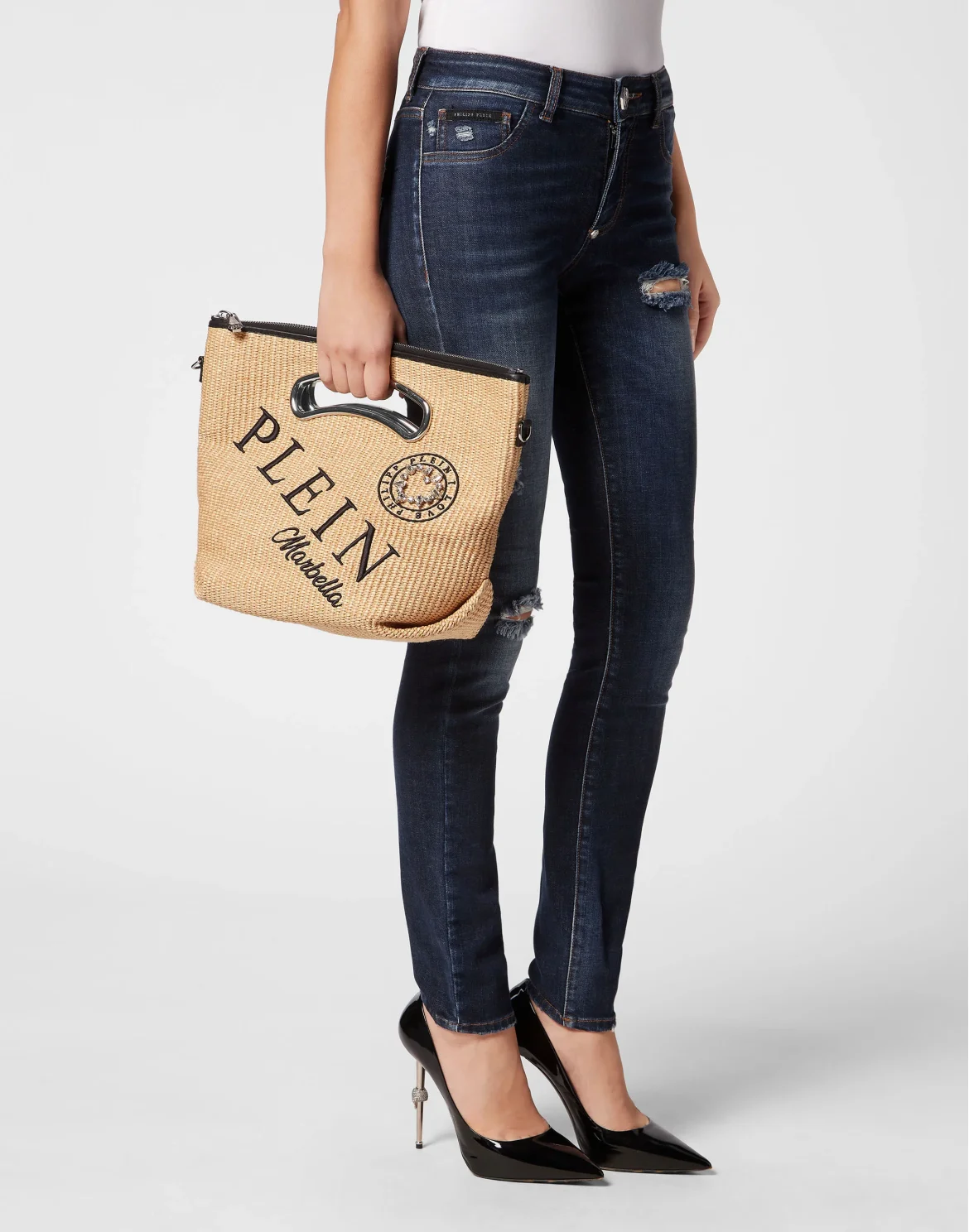 Raffia & Leather Medium Handle Bag, цвет: Бежевый
