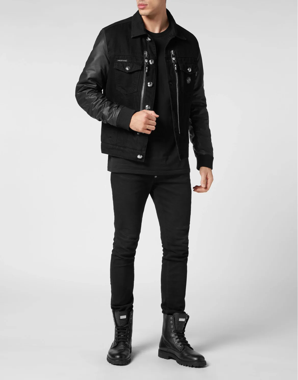 Denim Regular Jacket with Nylon Sleeves Hexagon, цвет: Черный