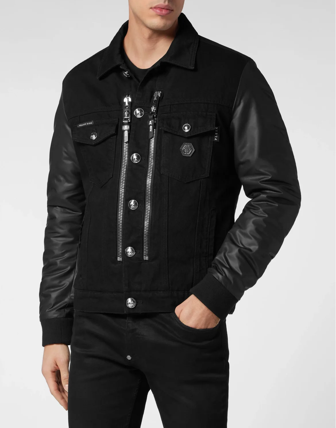 Denim Regular Jacket with Nylon Sleeves Hexagon, цвет: Черный