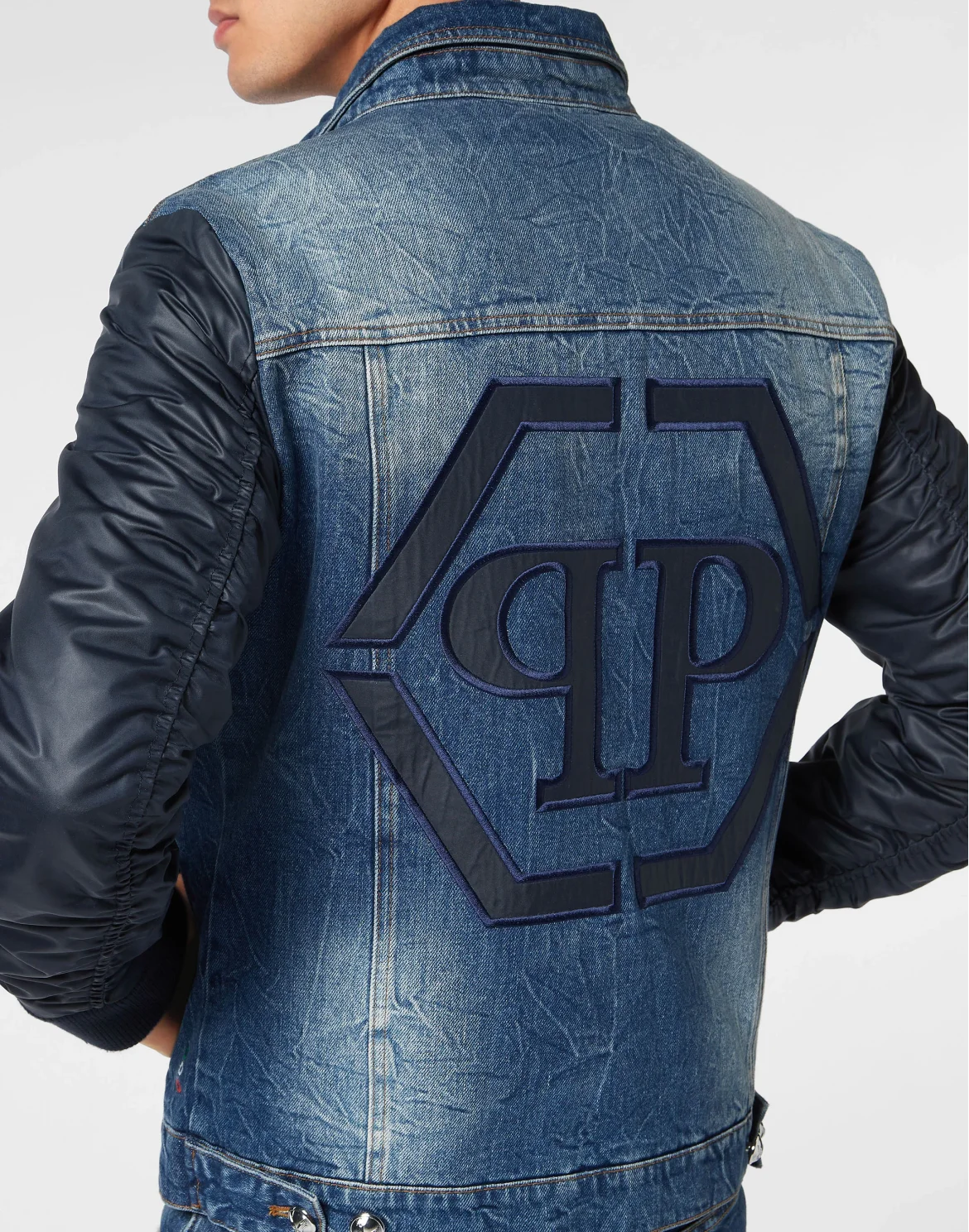Denim Regular Jacket with Nylon Sleeves Hexagon, цвет: Синий