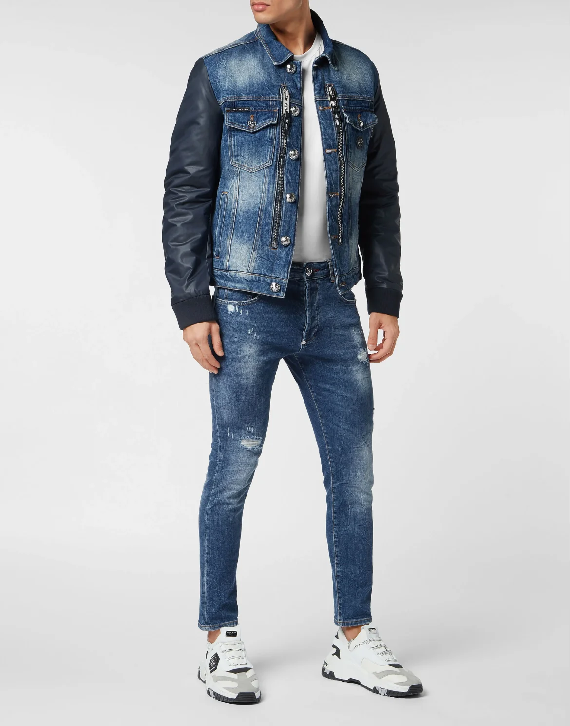 Denim Regular Jacket with Nylon Sleeves Hexagon, цвет: Синий