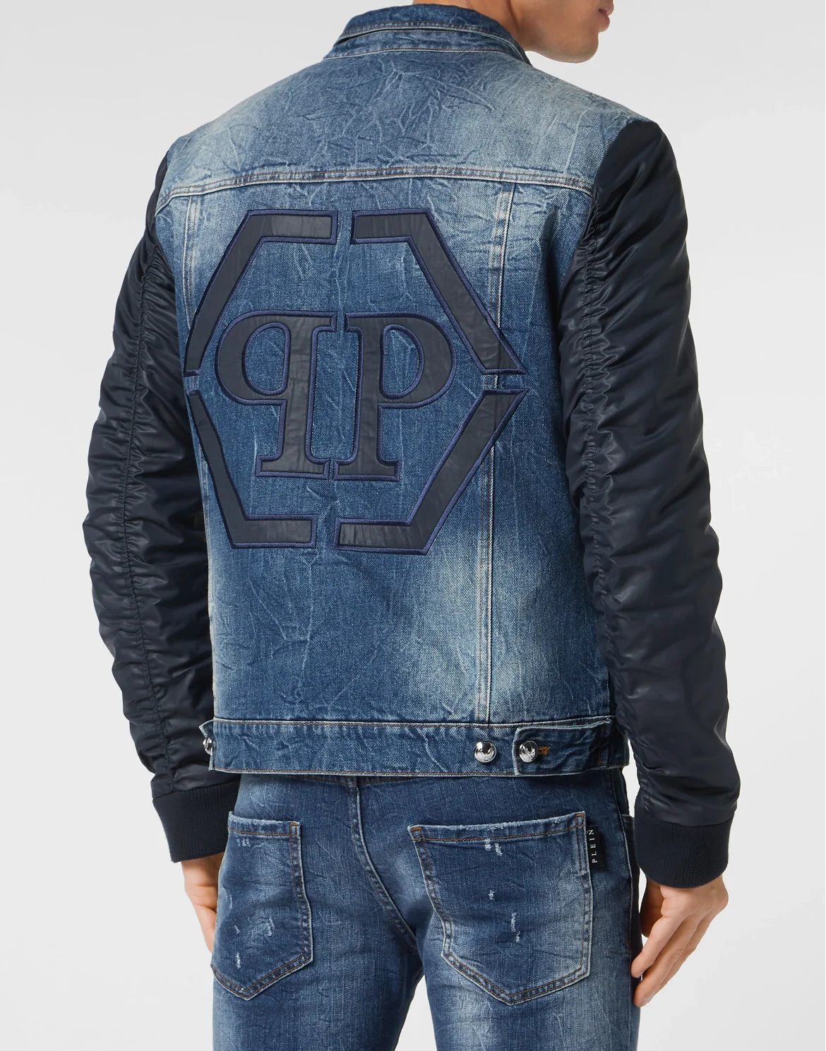 Denim Regular Jacket with Nylon Sleeves Hexagon, цвет: Синий