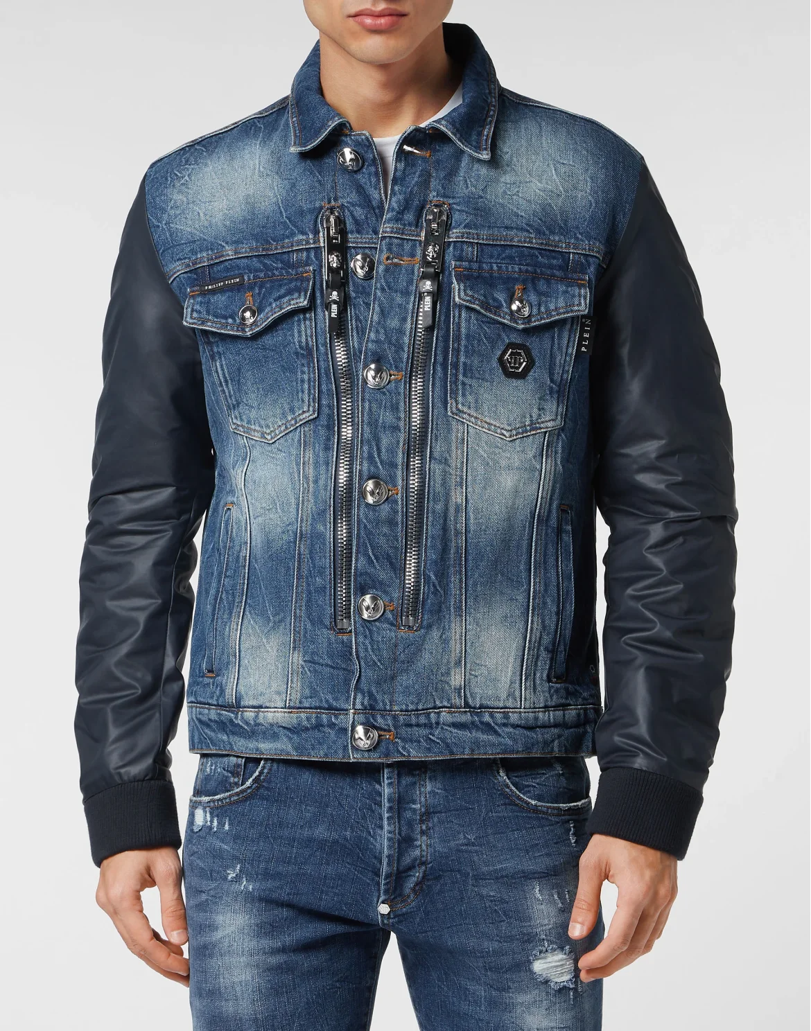 Denim Regular Jacket with Nylon Sleeves Hexagon, цвет: Синий