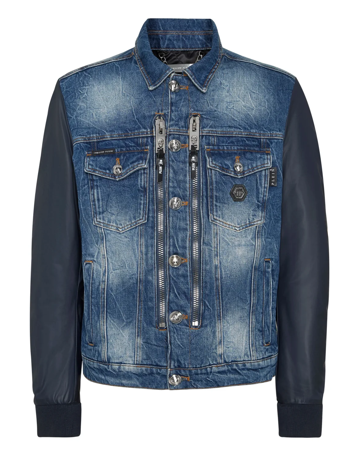 Denim Regular Jacket with Nylon Sleeves Hexagon, цвет: Синий