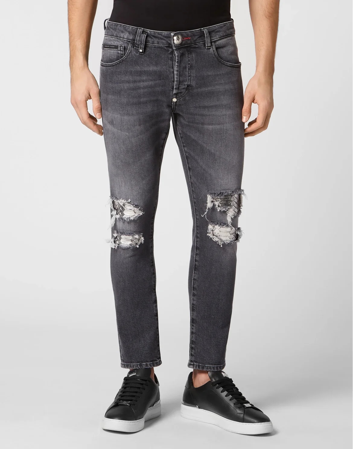 Denim Trousers Skinny Fit with Python Inserts, цвет: Серебристый