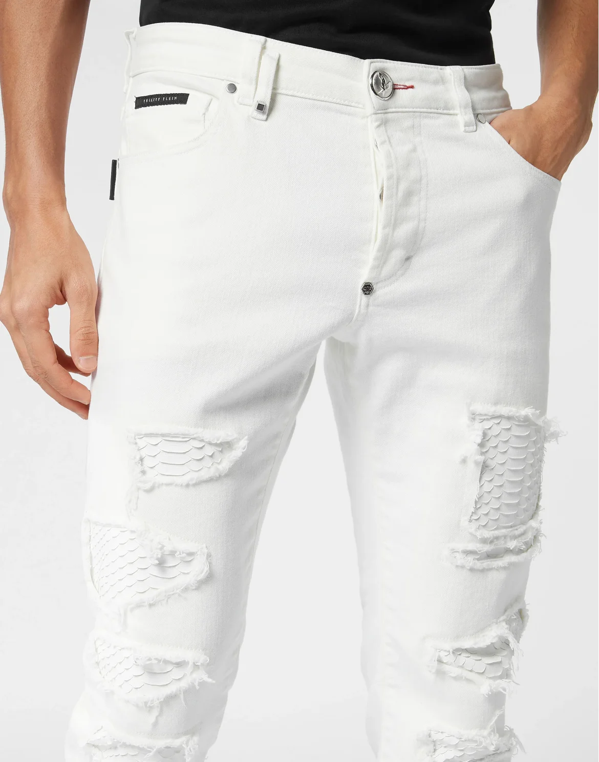 Denim Trousers Super Straight Cut with Python Inserts, цвет: Белый