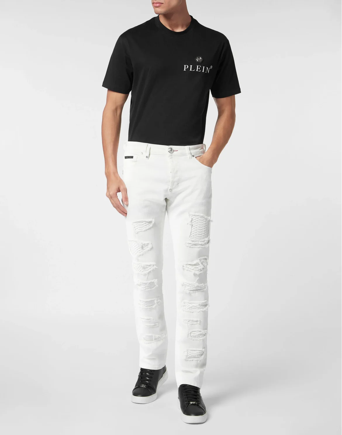 Denim Trousers Super Straight Cut with Python Inserts, цвет: Белый