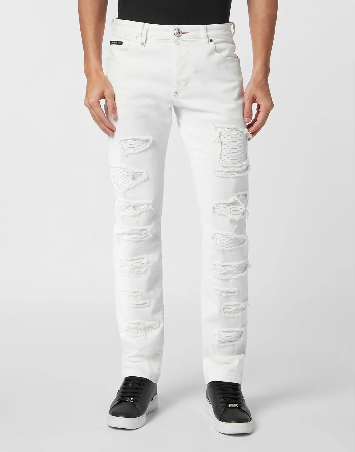 Denim Trousers Super Straight Cut with Python Inserts, цвет: Белый
