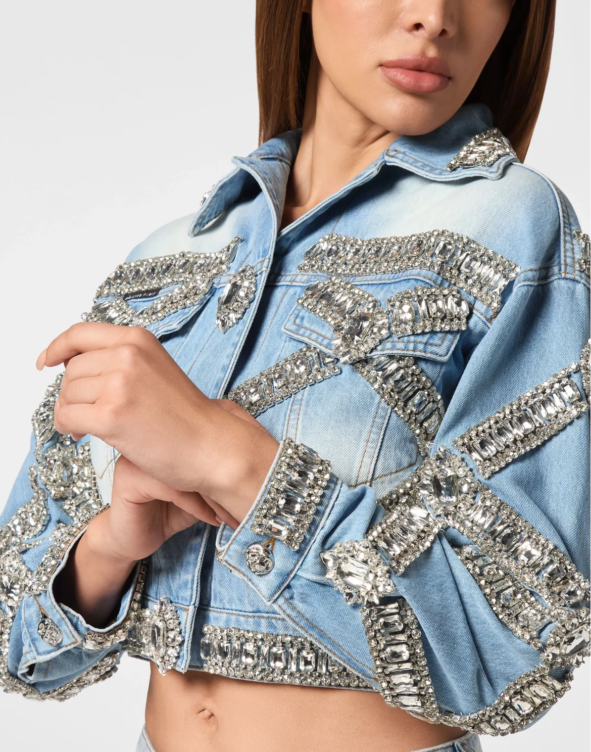 Cropped Oversize Denim Jacket Brooches, цвет: Голубой
