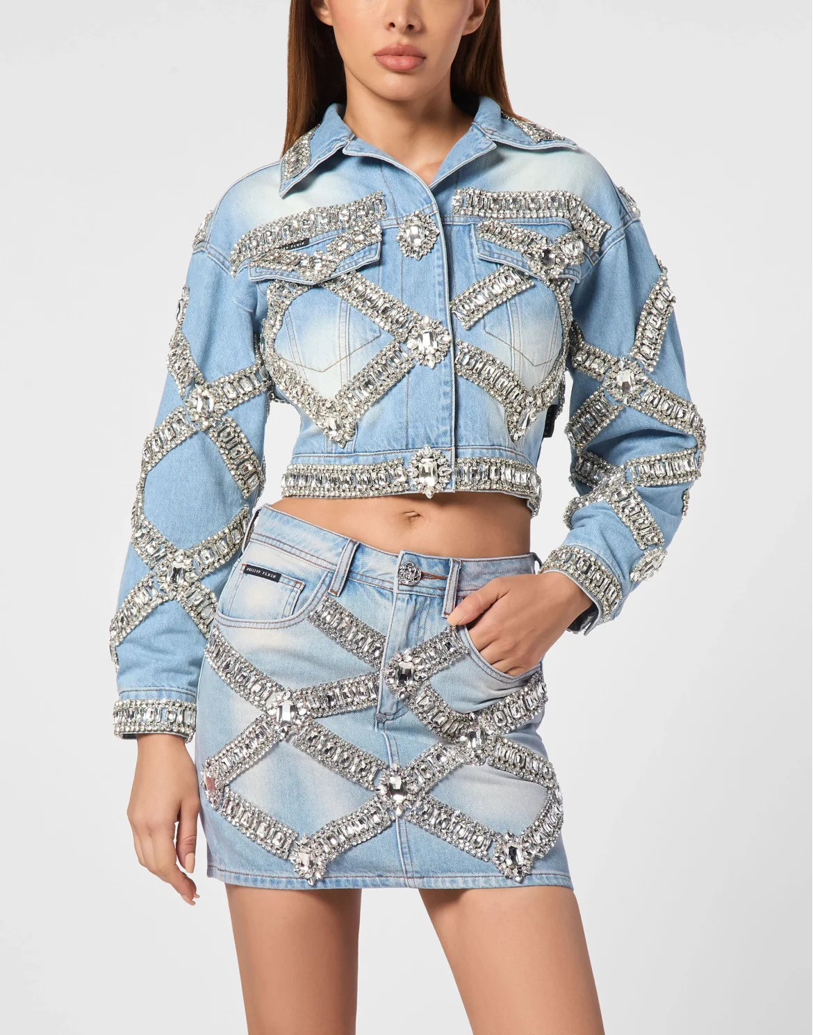 Cropped Oversize Denim Jacket Brooches, цвет: Голубой