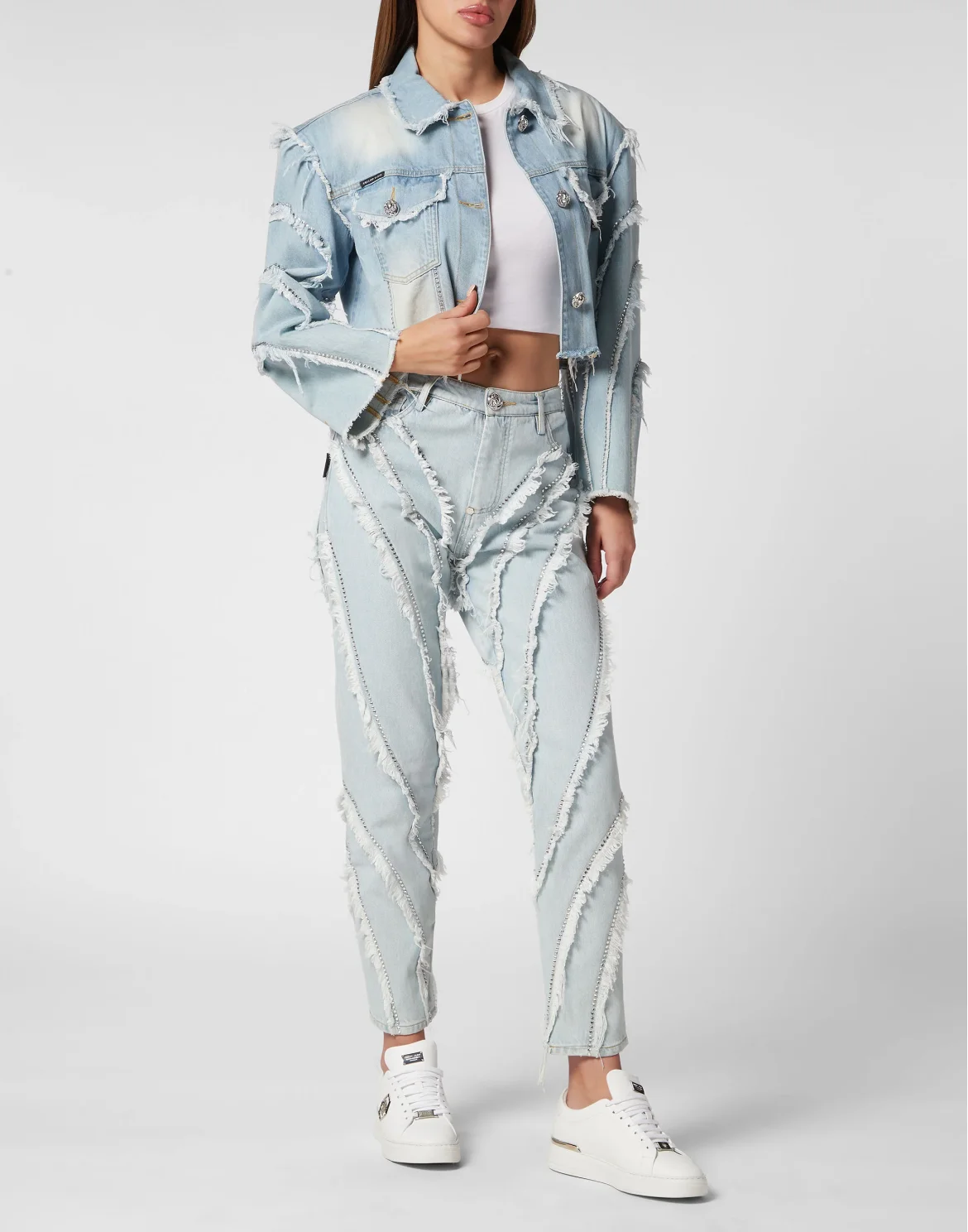 Cropped Oversize Padded Shoulder Denim Jacket, цвет: Голубой